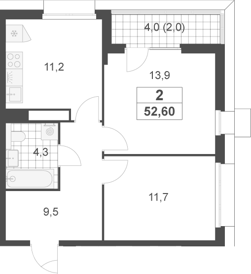 2-комн., 50.6 м², 4/17 этаж, ЖК «Скандинавия»