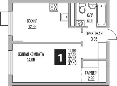 1-комн., 37.48 м², 7/12 этаж, ЖК «Гранель Мытищи»