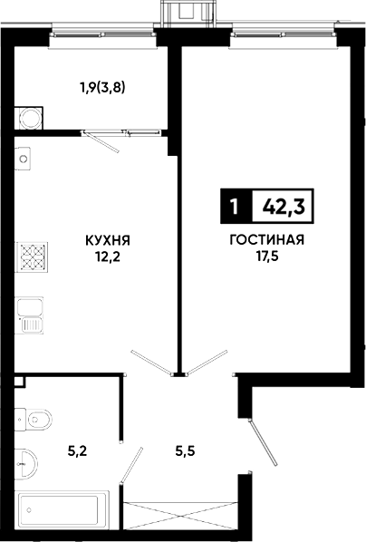 1-комн., 40.4 м², 1/23 этаж, ЖК «Резиденция Софи»