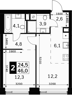 2-комн., 46 м², 18/40 этаж, ЖК «Амбер Сити»