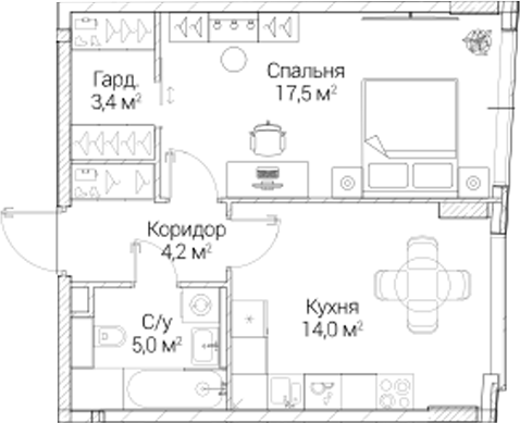 1-комн., 43.97 м², 6/6 этаж, ЖК «СЕЗАР БУДУЩЕЕ»