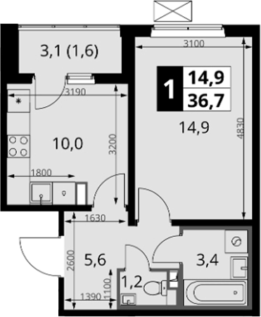 1-комн., 35.1 м², 3/24 этаж, ЖК «1-й Южный»