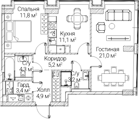 2-комн., 64.59 м², 34/60 этаж, ЖК «СЕЗАР БУДУЩЕЕ»