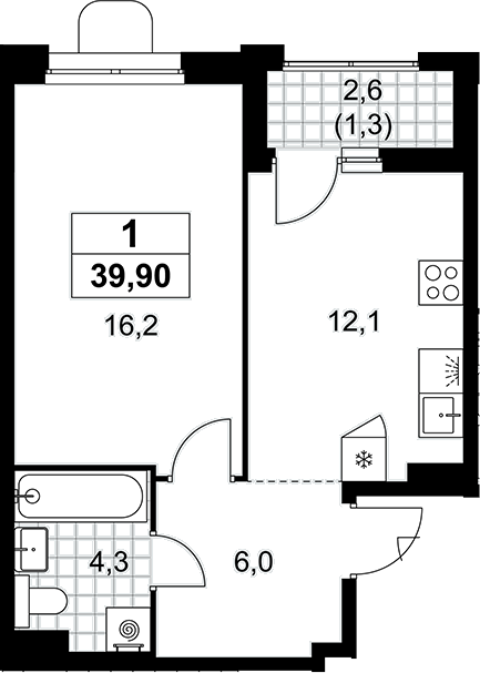 1-комн., 38.6 м², 10/16 этаж, ЖК «Прокшино»