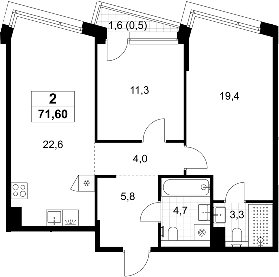 3-комн., 71.1 м², 3/6 этаж, ЖК «Хольм»
