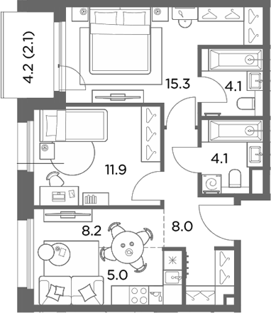 3-комн., 56.6 м², 6/6 этаж, ЖК «Станиславский»