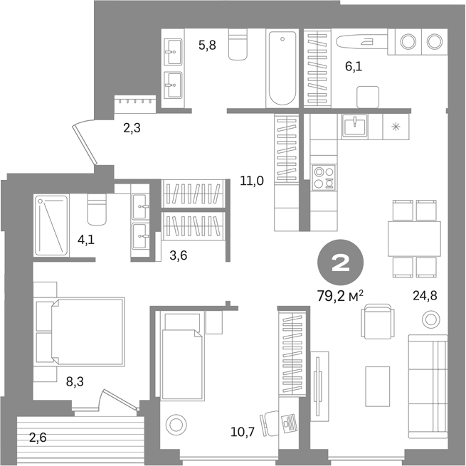 2-комн., 76.6 м², 7/17 этаж, ЖК «Первый квартал. Вторая очередь»