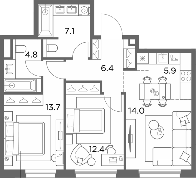 3-комн., 64.3 м², 1/6 этаж, ЖК «Станиславский»
