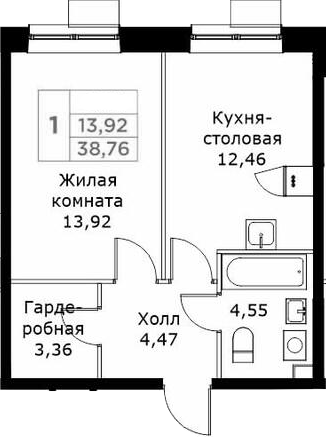 1-комн., 38.9 м², 20/25 этаж, ЖК «КИТ»