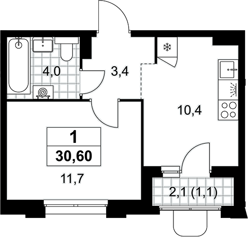 1-комн., 29.5 м², 3/7 этаж, ЖК «Прокшино»