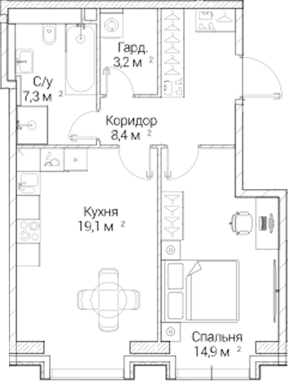 1-комн., 52.27 м², 3/6 этаж, ЖК «СЕЗАР БУДУЩЕЕ»