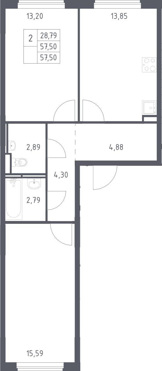 2-комн., 57.5 м², 3/17 этаж, ЖК «Мытищи Парк»