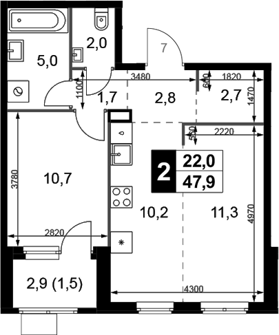 2-комн., 46.4 м², 3/6 этаж, ЖК «1-й Химкинский»