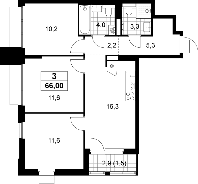 3-комн., 64.5 м², 20/22 этаж, ЖК «Деснаречье»
