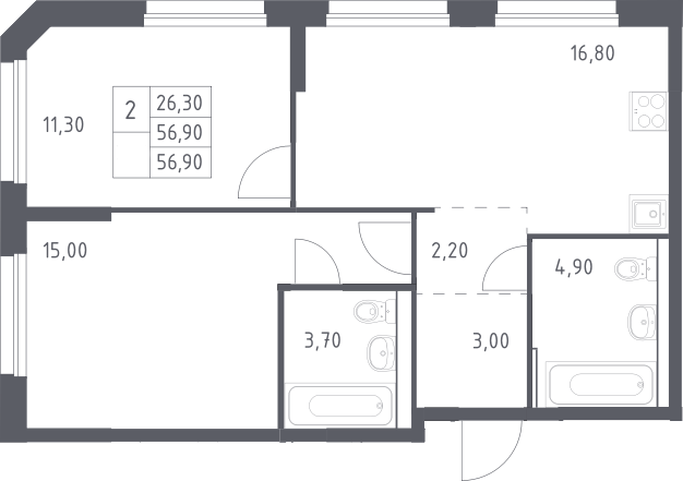 3-комн., 56.9 м², 30/32 этаж, ЖК «Химки Парк»