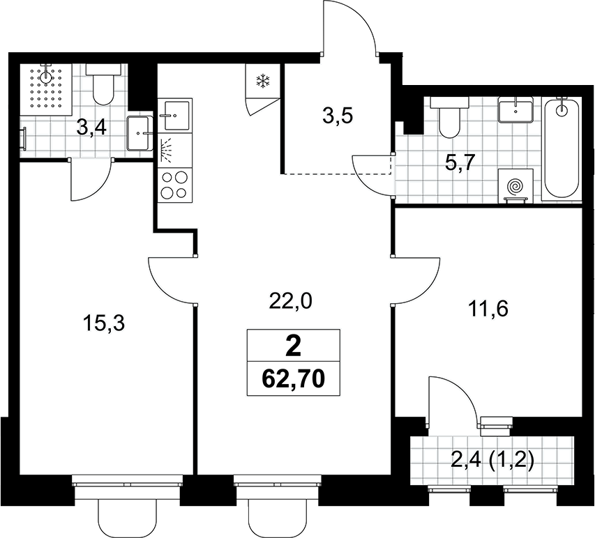 3-комн., 61.5 м², 8/10 этаж, ЖК «Прокшино»