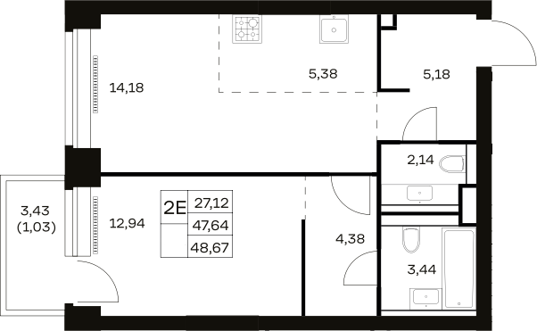 2-комн., 47.64 м², 3/40 этаж, ЖК «НОВА»