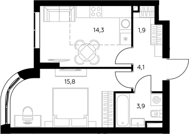 1-комн., 40.3 м², 8/43 этаж, ЖК «Адмирал»