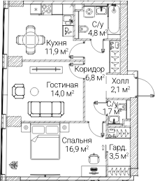 2-комн., 61.14 м², 12/60 этаж, ЖК «СЕЗАР БУДУЩЕЕ»