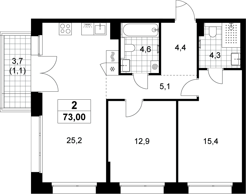 3-комн., 71.9 м², 9/15 этаж, ЖК «Хольм»