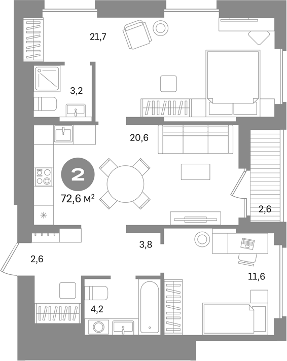 2-комн., 70 м², 12/17 этаж, ЖК «Первый квартал. Вторая очередь»