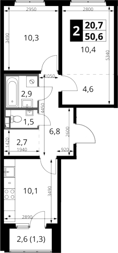 2-комн., 49.3 м², 7/24 этаж, ЖК «1-й Южный»