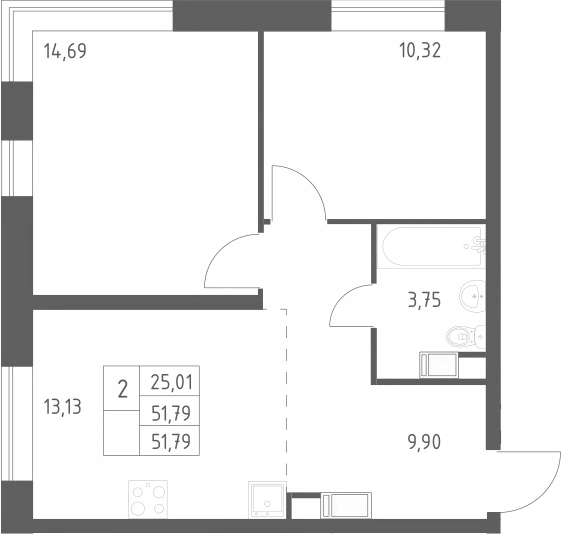 2-комн., 51.79 м², 4/21 этаж, ЖК «Цветочные Поляны»