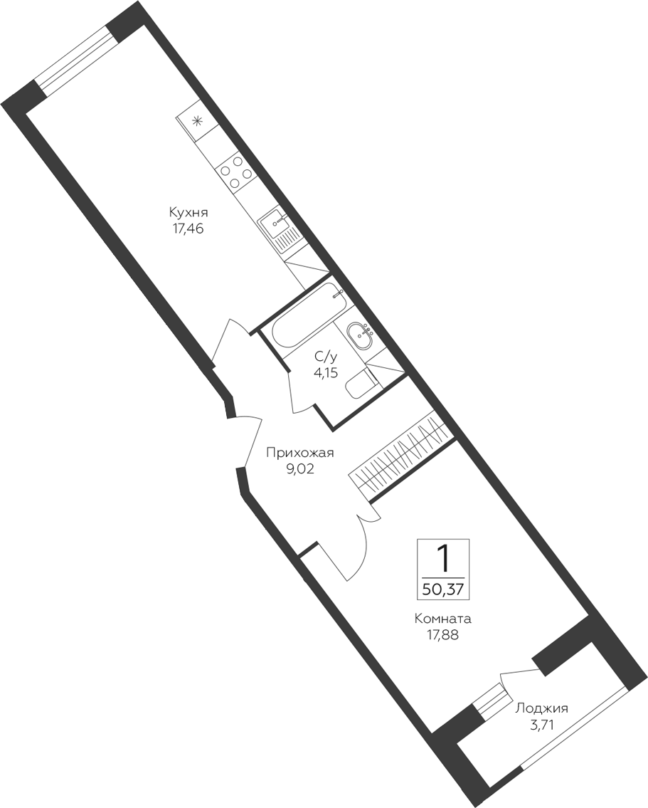 1-комн., 48.51 м², 13/17 этаж, ЖК «Пахра Сити»