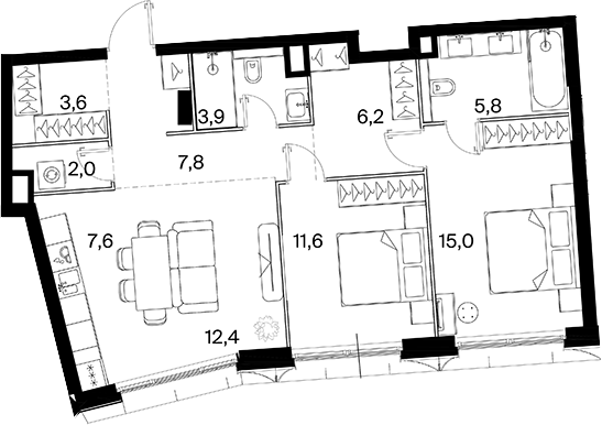 3-комн., 76.6 м², 4/14 этаж, ЖК «26 ПАРКВЬЮ»