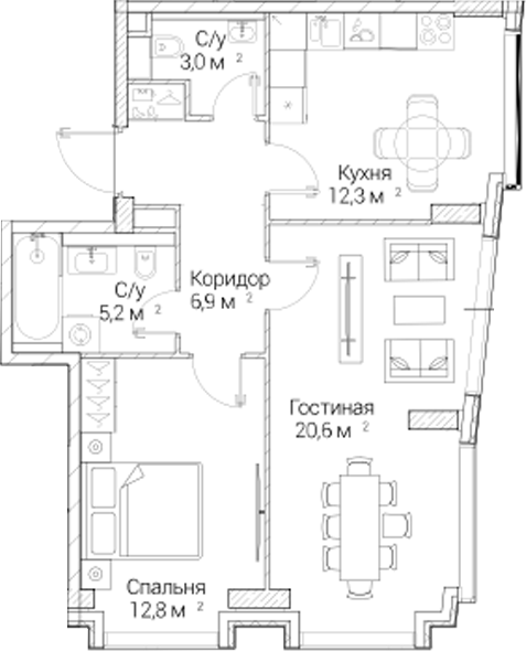 2-комн., 60.58 м², 3/6 этаж, ЖК «СЕЗАР БУДУЩЕЕ»
