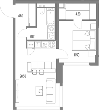 1-комн., 47 м², 43/54 этаж, ЖК «Северный Порт»