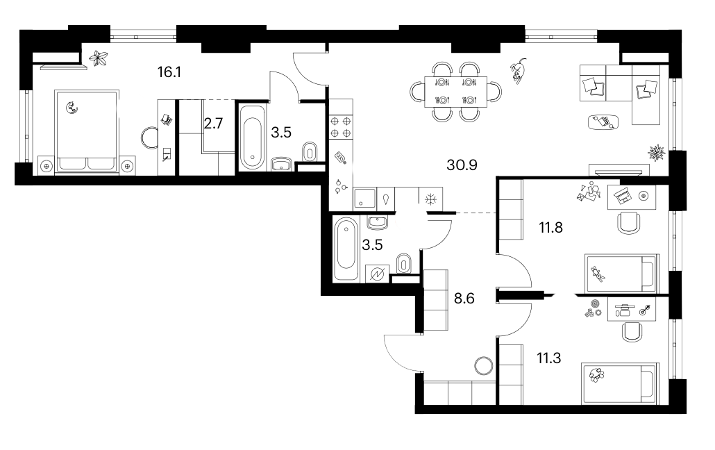 3-комн., 88.4 м², 14/14 этаж, ЖК «Зеленый парк»