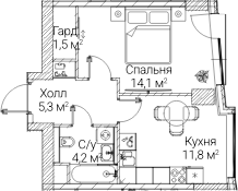 1-комн., 36.72 м², 12/60 этаж, ЖК «СЕЗАР БУДУЩЕЕ»